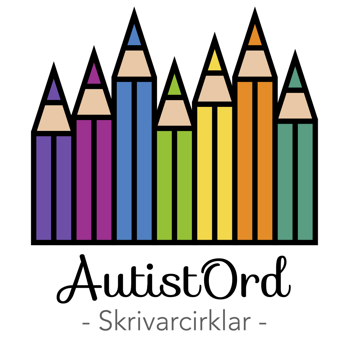 En rad vässade färgpennor i olika färger och höjer som utgår från en gemensam linje i botten. Under linjen står det Autistord Skrivarcirklar.